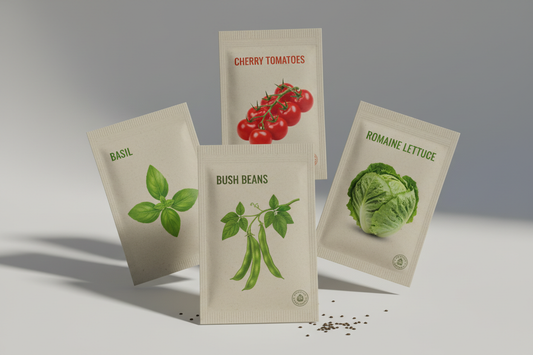 create a virtual 3d image of a seed kit of: bush beans, romaine lettuce, cherry tomatoes, and basil.